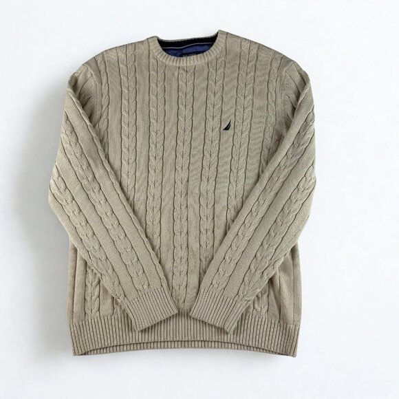 Nautica Men’s XXL Cable Knit Sweater Beige Cotton Chunky Knit Pullover Classic - Picture 1 of 6